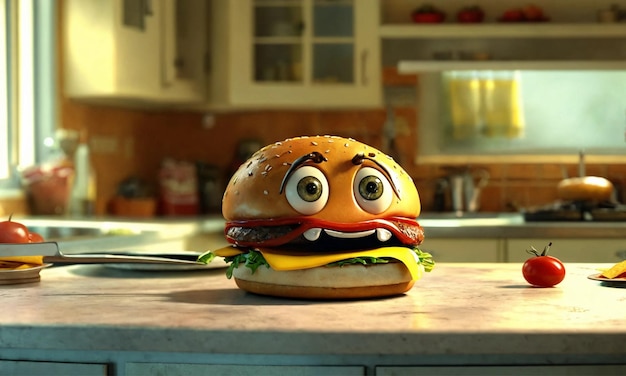 Illustration 3D humoristique d'un personnage de burger animé avec une expression terrifiée sur une cuisine