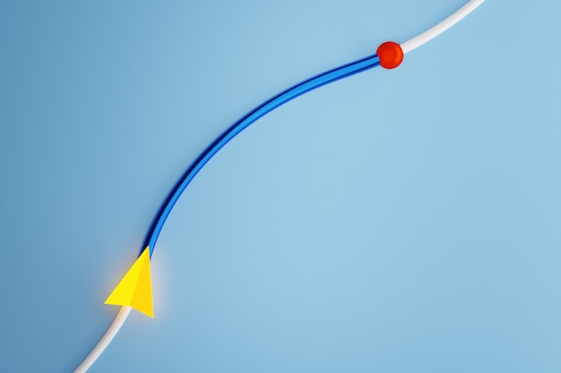 Illustration 3D d'une icône avec la direction du mouvement le long de la trajectoire avec des marqueurs de navigation, destination sur fond bleu