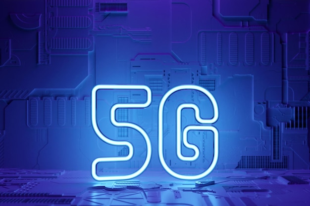 Illustration 3D d'une icône de néon bleu 5G sur une icône de fond noir pour téléphone portable ou appareil intelligent