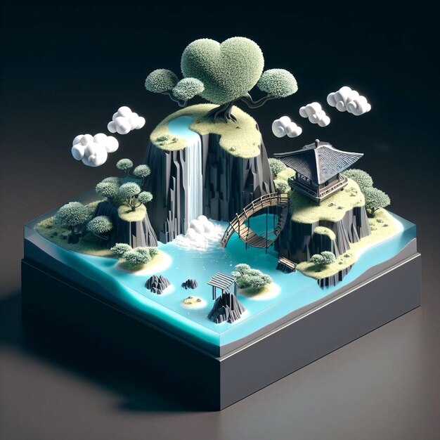 Illustration 3D d'une île tropicale flottante avec cascade