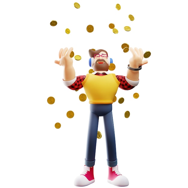 Illustration 3D Illustration 3D d'un personnage masculin debout sous une pièce d'or avait une pièce d'or en or