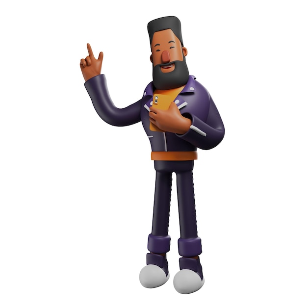 Illustration 3D Illustration de dessin animé d'un homme barbu qui semble heureux portant un téléphone portable