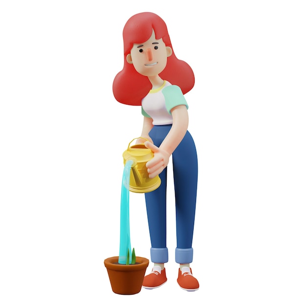 Illustration 3D Image de dessin animé d'un personnage de fille mignonne en 3D arrosant également les plantes tenant la plante