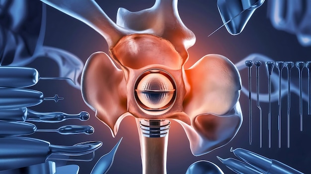 Illustration 3D de l'implant de remplacement de la hanche installé dans l'os du bassin