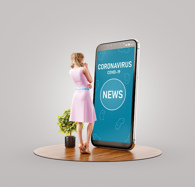 Illustration 3d inhabituelle d'une femme debout sur un gros smartphone et lisant des nouvelles sur le coronavirus