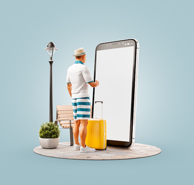 Illustration 3d inhabituelle d'un touriste avec un chapeau de paille avec ses bagages debout devant le smartphone et à l'aide d'une application de téléphone intelligent.