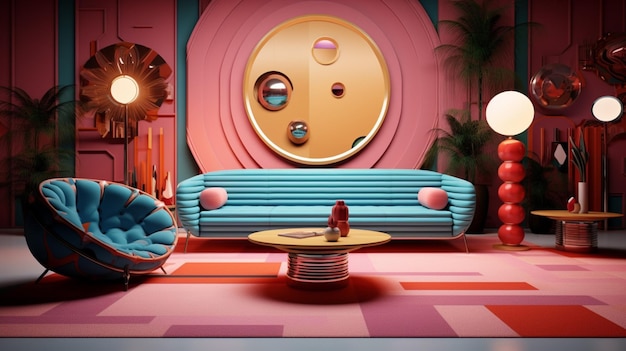 Illustration 3D de l'intérieur conceptuel de la pièce dans le style de Memphis