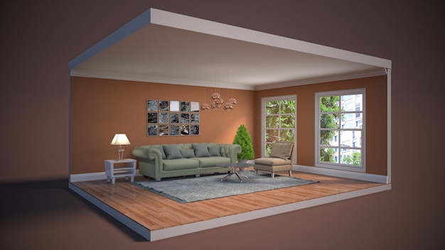 Illustration 3D intérieur du salon dans une boîte