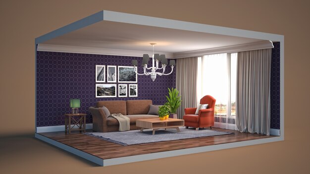 Illustration 3D intérieur du salon dans une boîte