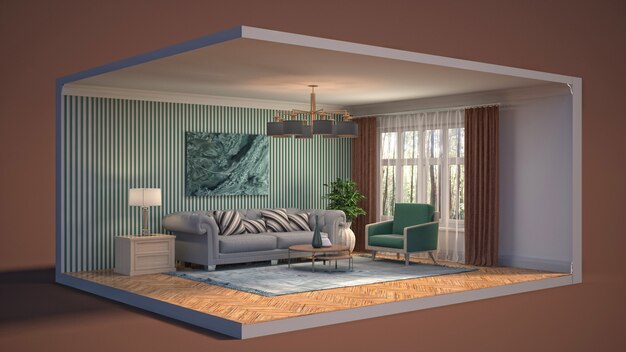 Illustration 3D intérieur du salon dans une boîte