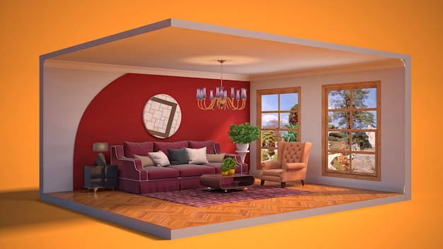 Illustration 3D intérieur du salon dans une boîte