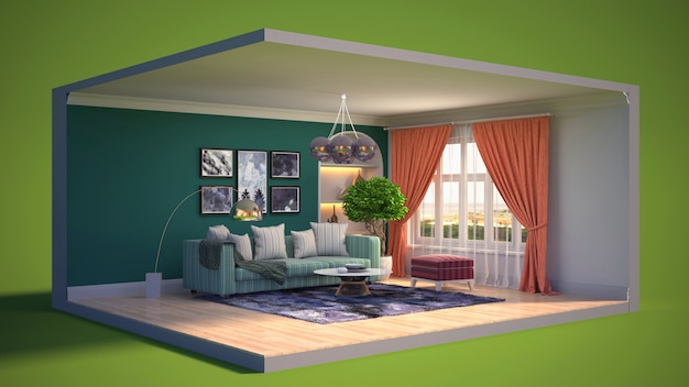 Illustration 3D intérieur du salon dans une boîte