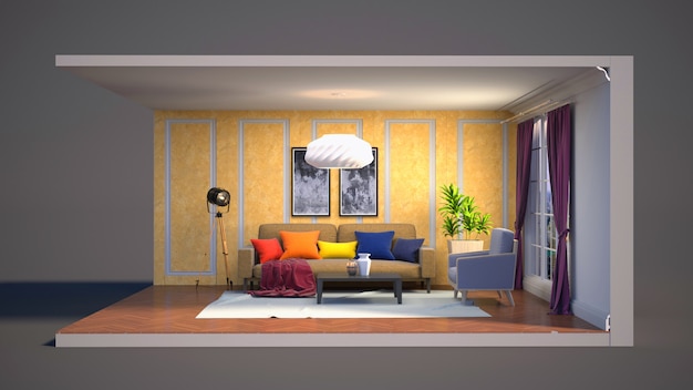 Illustration 3D intérieur du salon dans une boîte