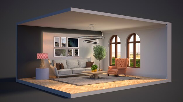 Illustration 3D intérieur du salon dans une boîte