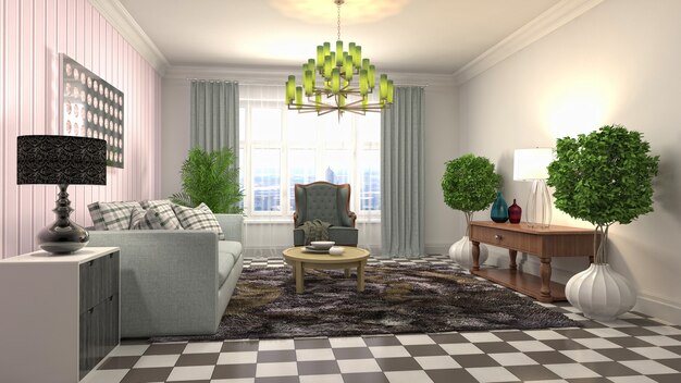 Illustration 3D de l'intérieur du salon