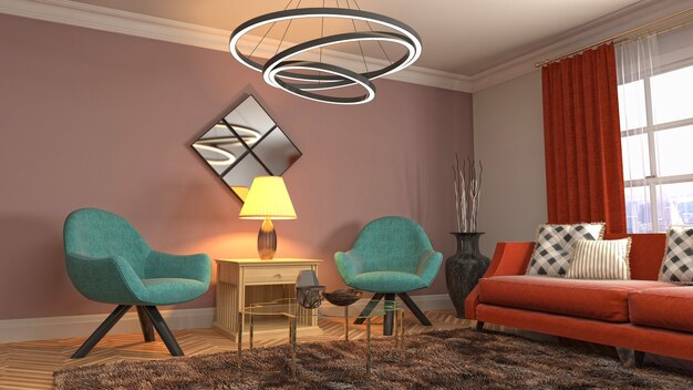 Illustration 3D de l'intérieur du salon