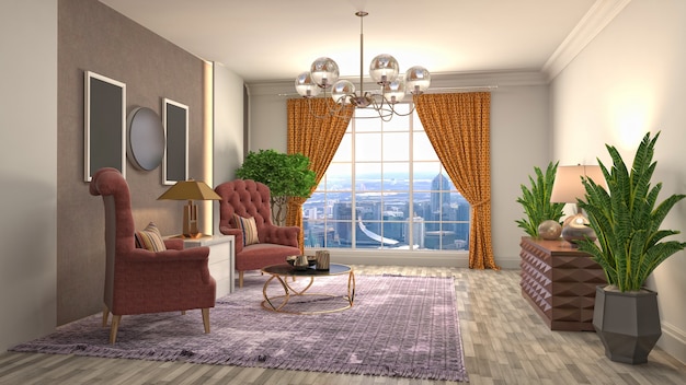 Illustration 3D de l'intérieur du salon