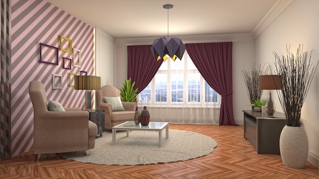 Illustration 3D de l'intérieur du salon