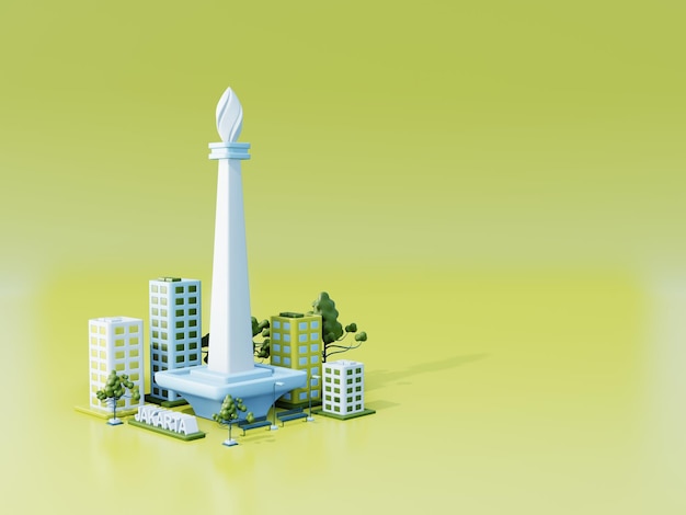 Illustration 3d Jakarta et Monas comme arrière-plan historique de couleur verte et bleue