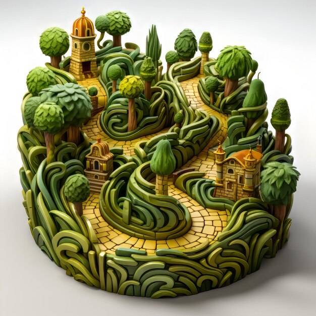 Illustration 3D d'un jardin fantastique avec un château et des arbres verts