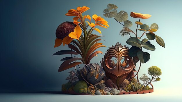 Illustration 3d d'un jardin fantastique avec des fleurs et des plantes dans un pot