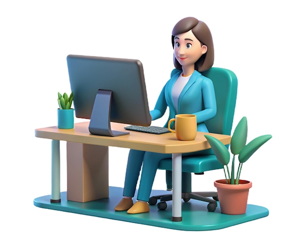 Photo illustration 3d d'une jeune femme d'affaires avec un ordinateur travaillant au bureau