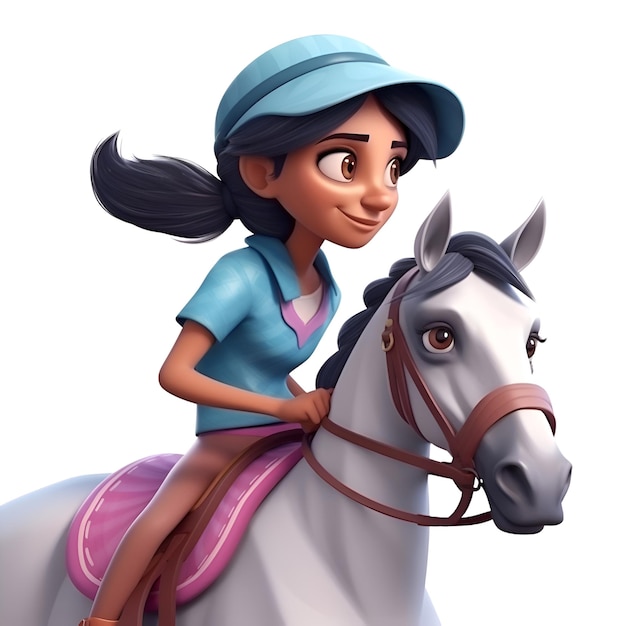 Illustration 3D d'une jeune fille à cheval isolé sur fond blanc