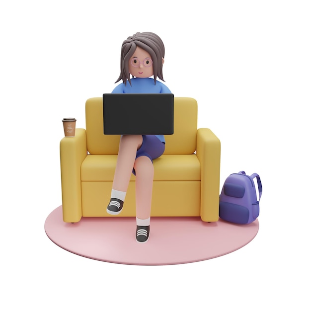 Illustration 3D d'une jeune fille travaillant sur un ordinateur portable
