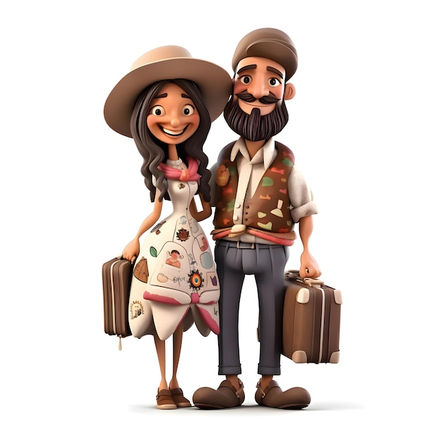 Illustration 3D d'un jeune homme et d'une femme avec une valise