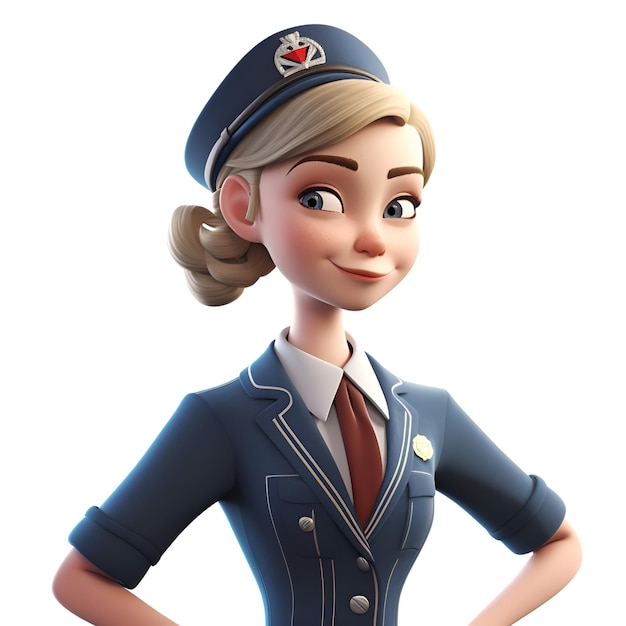 Illustration 3D d'une jeune hôtesse de l'air avec un chapeau et un uniforme