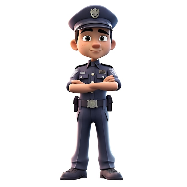 Illustration 3D d'un jeune policier avec les bras croisés fond blanc isolé