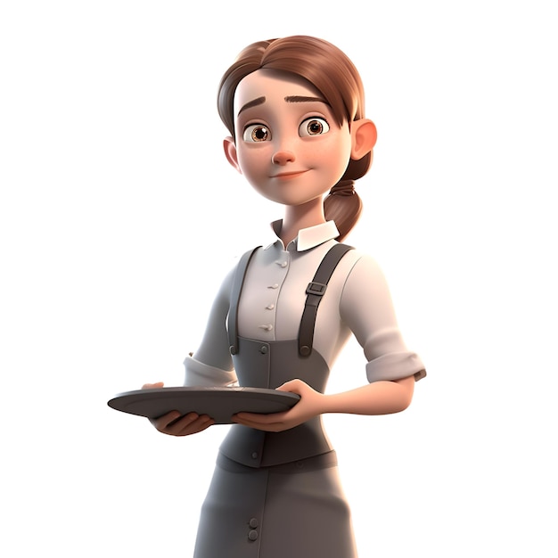 Illustration 3D d'une jeune serveuse avec un plateau sur un fond blanc