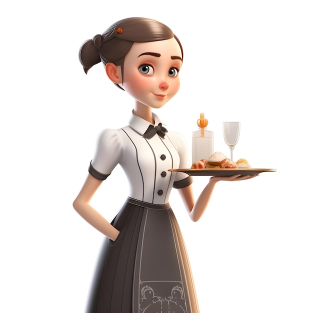 Illustration 3D d'une jeune serveuse avec un plateau de nourriture