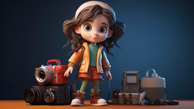 Illustration 3D d'une jeune voyageuse joyeuse aux cheveux roux