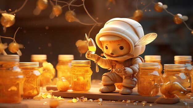 Illustration 3D d'une jolie abeille de dessin animé avec des jarres de miel sur une table en bois à fond chaud