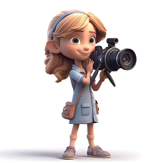 Illustration 3D d'une jolie fille de dessin animé avec un appareil photo sur fond blanc