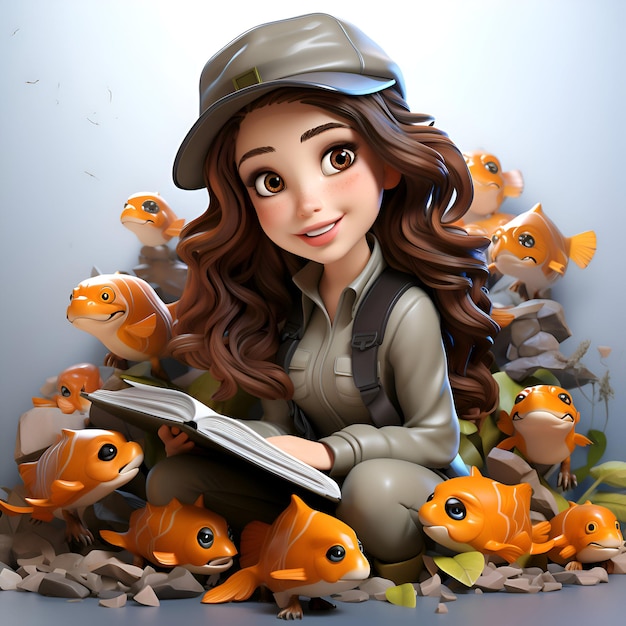 Illustration 3D d'une jolie fille de dessin animé avec du poisson et un livre