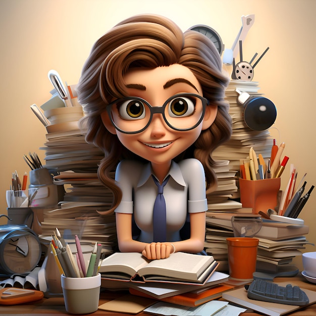 Illustration 3D d'une jolie fille de dessin animé lisant un livre à son bureau.