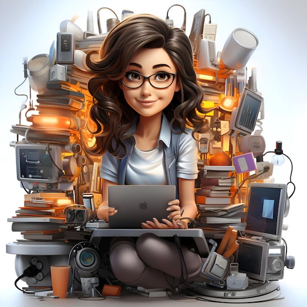 Illustration 3D d'une jolie fille de dessin animé avec un ordinateur portable