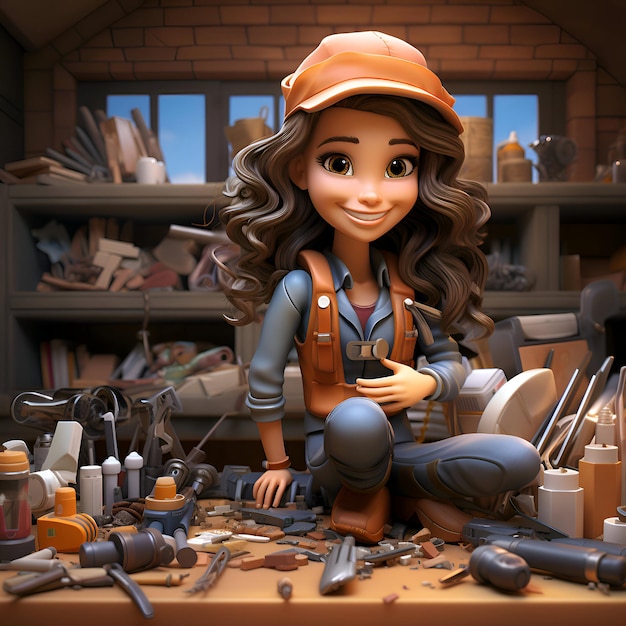 Illustration 3D d'une jolie fille de dessin animé travaillant dans un atelier de menuisier