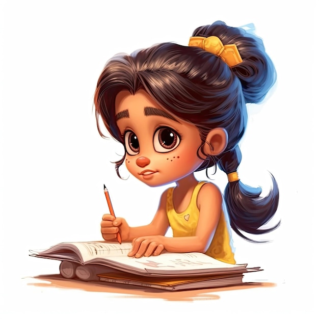 Illustration 3d d'une jolie fille latine de 4 ans écrivant un style de dessin animé généré par l'IA