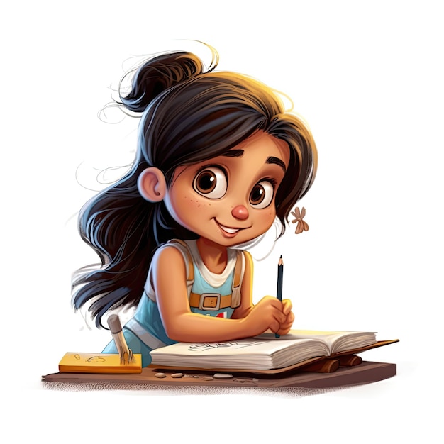 Photo illustration 3d d'une jolie fille latine de 4 ans écrivant un style de dessin animé généré par l'ia