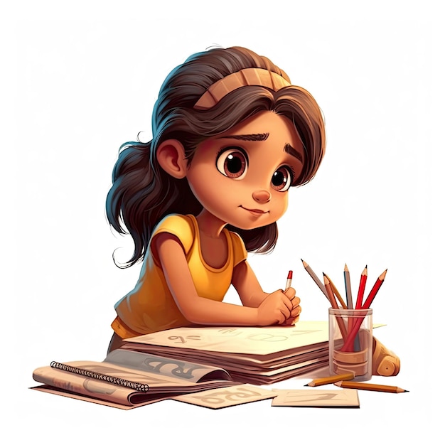 Photo illustration 3d d'une jolie fille latine de 4 ans écrivant, style dessin animé, générée par l'ia