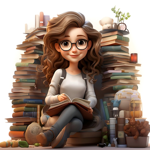 Illustration 3D d'une jolie petite fille lisant un livre assis sur une pile de livres