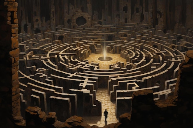 Photo une illustration 3d d'un labyrinthe avec une personne debout au milieu.