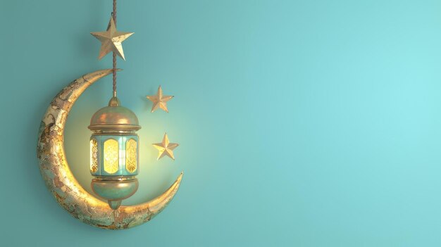 Illustration 3D d'une lanterne avec un ornement de lune et d'étoiles dorées sur un fond bleu pastel