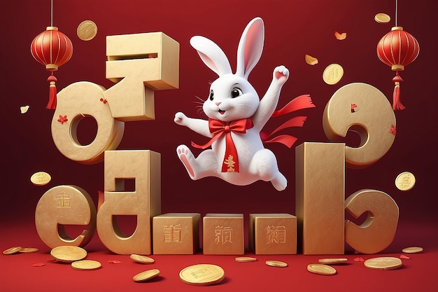 Photo illustration 3d d'un lapin sautant devant une rangée de cadres de couplets en ruban rouge avec une boîte à cadeaux en or et une pièce flottant dans les airs sur un fond rouge