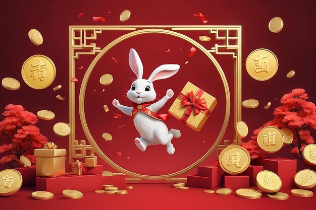 Photo illustration 3d d'un lapin sautant devant une rangée de cadres de couplets en ruban rouge avec une boîte à cadeaux en or et une pièce flottant dans les airs sur un fond rouge