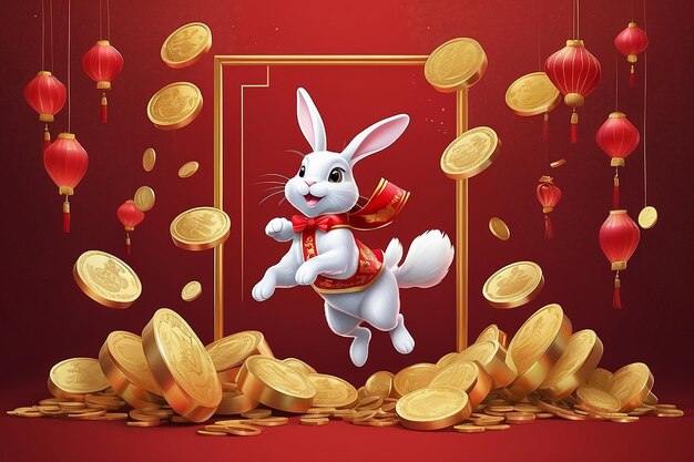 Illustration 3D d'un lapin sautant devant une rangée de cadres de couplets en ruban rouge avec une boîte à cadeaux en or et une pièce flottant dans les airs sur un fond rouge