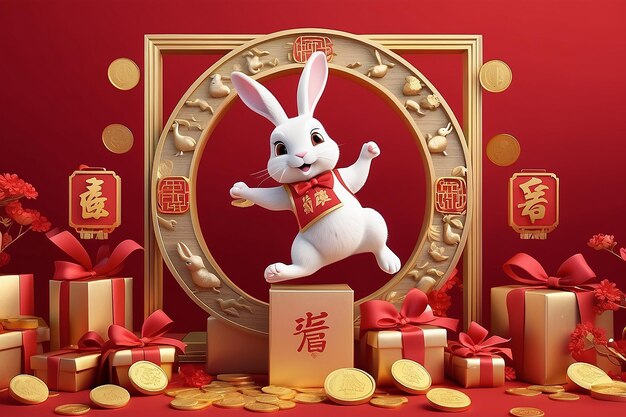 Photo illustration 3d d'un lapin sautant devant une rangée de cadres de couplets en ruban rouge avec une boîte à cadeaux en or et une pièce flottant dans les airs sur un fond rouge